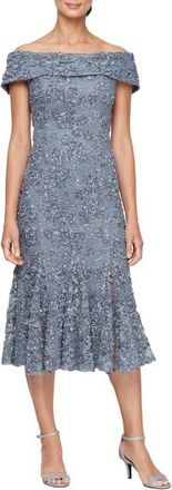Alex Evenings Off the Shoulder Midi Cocktail Dress in Pewter at Nordstrom, Size 8