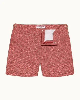 Orlebar Brown Bulldog Mid-Length Classic Fit Swim Shorts With Portico Print in Vermillion at Nordstrom, Size 32