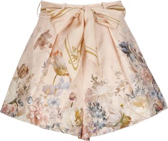 Zimmermann Peach Pink Belted High-Waisted Floral Bermuda Shorts