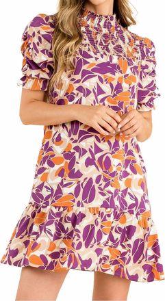THML Clothing Leaf Print Short Sleeve Smock Dress In Purple/orange