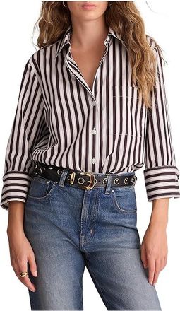 Madewell Y Neck Shirt With Adjustable Sleeve Womens Clothing Purple Black And White Stripe : LG (Womens 10-12), Cotton
