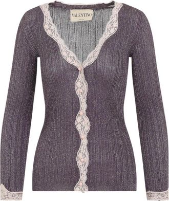 Valentino Cardigans, female, Brown, Size: M Lurex Knitted Cardigan With Lace