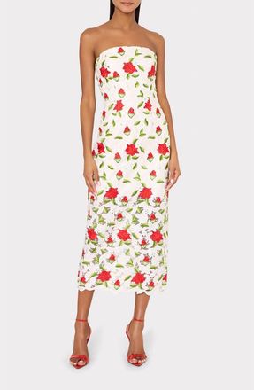 Milly Kait Embroidered Strapless Midi Dress in White/Red/Green at Nordstrom, Size 10