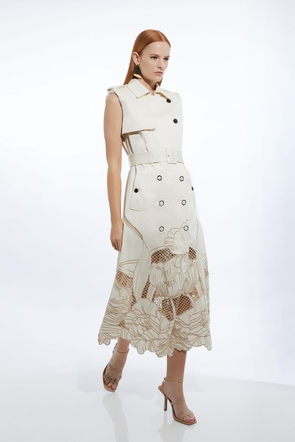 Karen Millen Tall Tailored Cotton Cutwork Embroidered Belted Trench Style  Midaxi Dress from 389.00 - on Stylight
