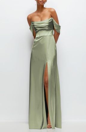 After Six Off the Shoulder Satin Charmeuse Gown with Removable Sleeves in Sage at Nordstrom, Size 16