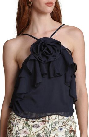 Avec Les Filles Rosette Ruffle Neck Halter Top in Deep Navy at Nordstrom, Size X-Small