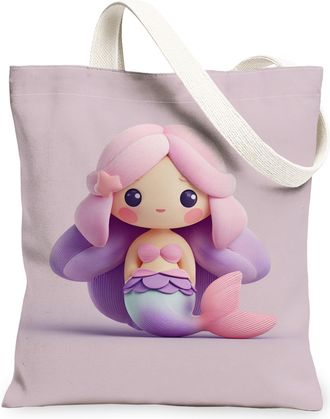 Generic Mermaid Canvas Tote Bags, Cute Underwater Design Reusable Grocery Bags, Spring Summer Lightweight Washable Shoulder Strap F, Peach, 13x15 Inch