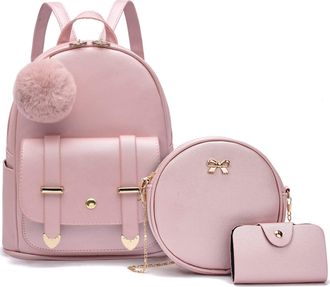 I Ihayner Nexum Mini Backpack for Teen Girls 3PCS Cute Fashion Backpack Purse Small Travel Daypacks with Pompom Shoulder Bag for Women Gold Pink