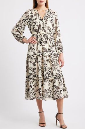 Anne Klein Floral Print Long Sleeve Dress in Swan White/Anne Black at Nordstrom, Size 10