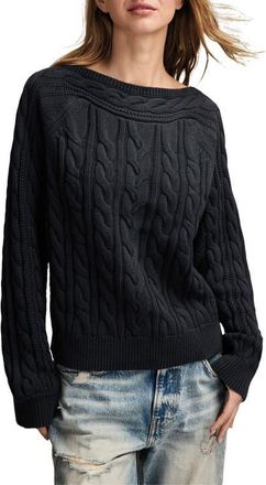 Lucky Brand Cable Stitch Boat Neck Cotton Sweater in Midnight Navy at Nordstrom, Size X-Small