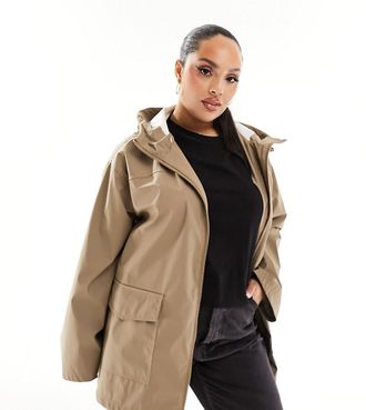 Asos Curve ASOS DESIGN Curve rubberized rain coat in mushroom-Brown