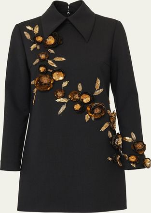 Carolina Herrera Floral Embellished Wool Shift Dress