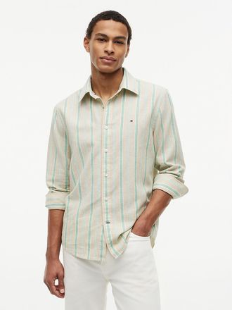 Tommy Hilfiger Mens Regular Fit Striped Linen-Blend Shirt - Green - XXL