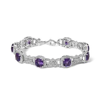 House of Brilliance Silver Cushion-Cut Purple Amethyst & Diamond Vintage Halo Link Bracelet