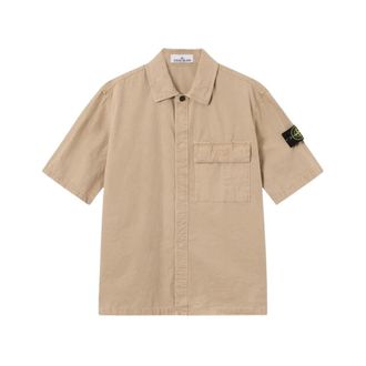 Stone Island Compass Patch Shirt - Heren - Korte mouwen Overhemden - Beige - M - Katoen - Overhemden