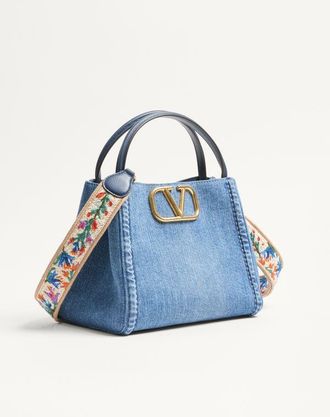 Valentino Garavani Borsa A Mano Media Valentino Garavani Alltime In Denim Con Tracolla Nastro Ricamato Donna DENIM/WORKER UNI