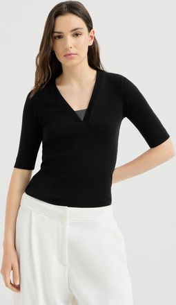 Brunello Cucinelli Stretch cotton ribbed jersey top with precious insert in Black at Nordstrom, Size Xxx-Large