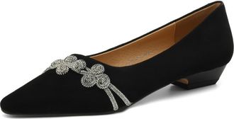 TinaCus Womens Suede Leather Rhinestone Pointed Toe Handmade Casual Flats Shoes, Black, 8 UK
