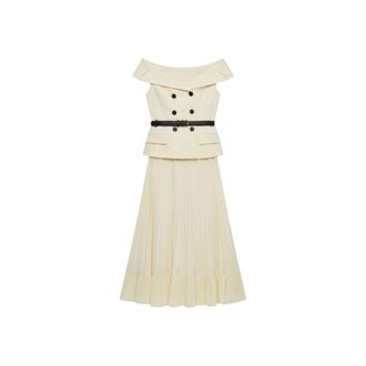 Self Portrait Lace-Detail Button-Front Midi Jurk - Dames - Casual kleedjes - Geel - S - Kleedjes