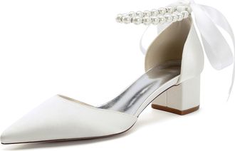 Generic Womens Pointed Toe Wedding Shoes Low Heels Satin Bridal Shoes Chunky Block Heels Comfortable Dance Shoes 4.5Cm,Ivory,10 UK
