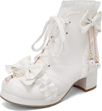 Generic Womens PU Leather Ankle Boots Bow Pearl Detail Round Toe Chain Ruffled Lace Trim Two Tone Block Heels Lace Up Soft Lining Durable Outsole,White,8.5 UK