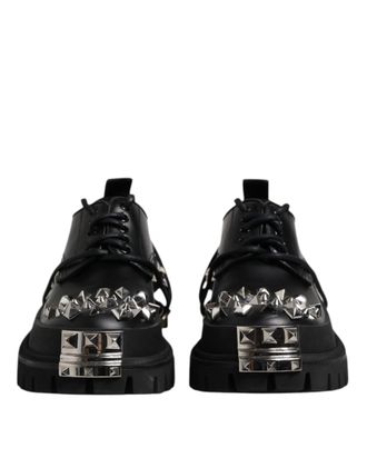 Dolce & Gabbana Black Studded Leather Hi-Trekking Derby Men Shoes Viscose Lamb Calf