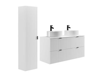Vente-Unique Mueble de ba&ntilde;o suspendido estriado con lavabo sobre encimera redondo y columna - Blanco mate - 120 cm - ZEVINI