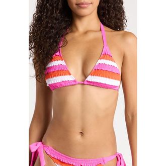 BECCA by Rebecca Virtue Flamingo Smocked Ruffle Triangle Bikini Top in Strawberry at Nordstrom, Size Medium