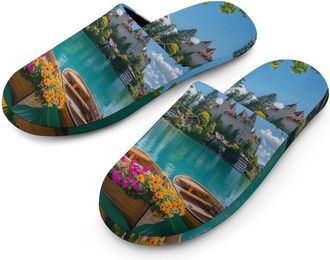 Generic Lake Brienz in Switzerland Flannel Mens Slip-on Slippers Winter Warm House Shoes with Rubber Sole for Home Hotel