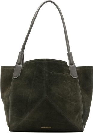 Victoria Beckham Structured Green Suede Tote With Gold Embossed Logo