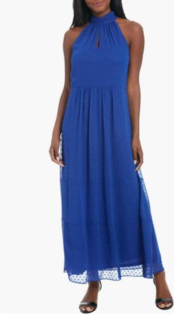 Maggy London Swiss Dot Keyhole Halter Dress In Blue