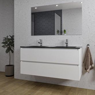 Saniclass Chaci Badkamermeubelset - 120x46x55cm - keramische wastafel zwart - 2 wasbakken - 2 kraangaten - 2 lades - rechthoekige spiegel - mat wit