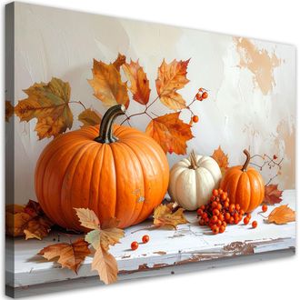 Feeby Cuadro Sobre Lienzo, Calabazas Naturaleza Muerta Hojas Estilo Shabby Chic, 120x80