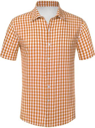 Generic Mens Casual Button Down Shirts Wrinkle 4-Way Stretch Dress Shirs Short Sleeve Plaid Summer Shirts for Men (Orange, XL)