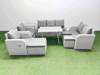 Fimous Outdoor Rectangular Table Sofa Set with Reclining Chair 3 Stools in Light Grey