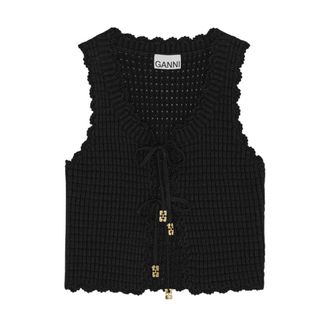 Ganni Zwarte Textured Kant Top Elegant Mouwloos - Dames - Vesten - Zwart - M - Katoen - Truien & Vesten