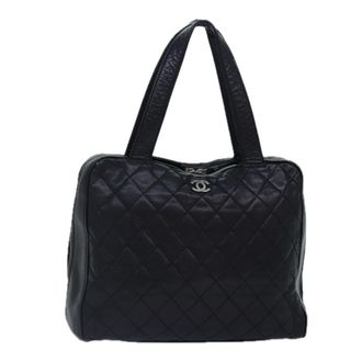 Chanel Vintage Cc Zip Around Bowler Bag Quilted Caviar Black Leather Handbag (Pre-Owned)
