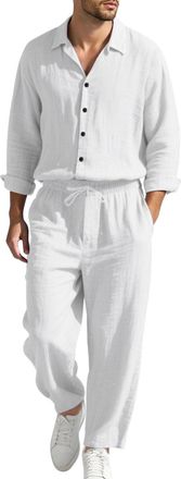 Generic Mens Tracksuit V Neck Long Sleeves Cotton and Linen Set 2 Pieces Suit Shirt with Buttons Jogging Pants Hawaiian Y2K Streetwear Gym Beach Holiday Medie