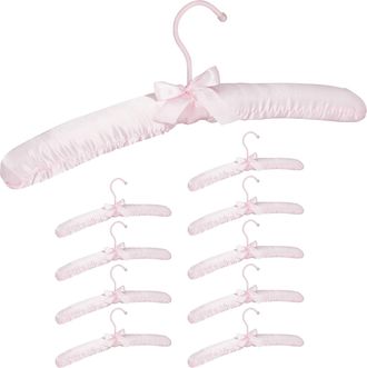 Relaxdays Pack De 10 Perchas Forradas De Raso Con Lazo Decorativo, Giratorias, Madera-tela-metal, 38 Cm De Ancho, Rosa - Relaxdays