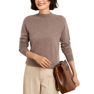 Dissa Women Cashmere Jumper Brown Stand Neck Knitted Jumper Long Sleeve Relaxed Cashmere Wool Thin Solid Color Ladies Sweater,UK 12,YG902