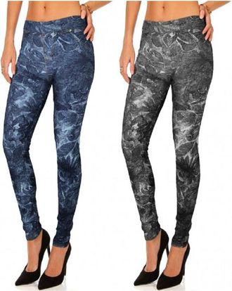 Trade Shop Trade Shop - Establecer 2 Leggings De Estilo Denim Mod. Alisha Con Textura Floral Y Bolsillos