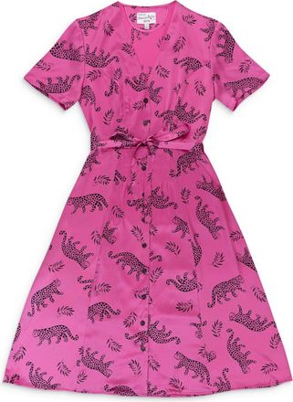 HVN Hvn Tarza Rosemary Short Sleeve Button Down Dress Hot - Pink Shiny