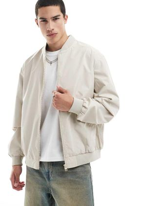 Jack & Jones oversized bomber jacket in cream-White