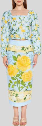 Verandah Square Neck Crop Blouse In Ice Blue And Yellow