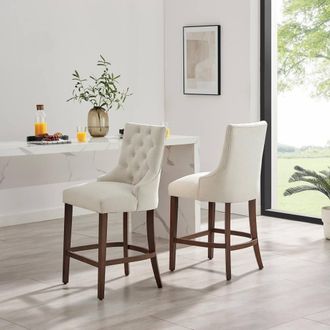 Furniturebox 2x Belgravia Beige Fabric Bar Chairs Walnut Effect Legs