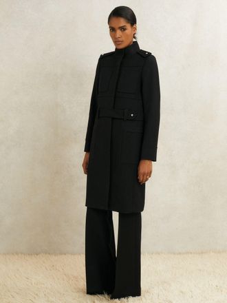 Reiss Black Atelier Wool Belted Long Coat, 12