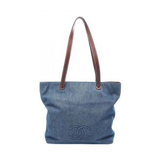 Chanel Brown Navy Denim Leather Handbag Tote Bag (Pre-Owned)