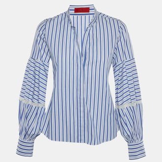 Carolina Herrera Blue/white Striped Cotton And Lace Trim Blouse