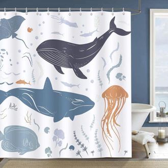 OEM Cortina De Ducha Con Estampado De Ballenas Y Peces (180 X 180 Cm), Cortina De Ducha Infantil, Tejido De Poli&eacute;ster, Resistente Al Moho, Impermeable, La