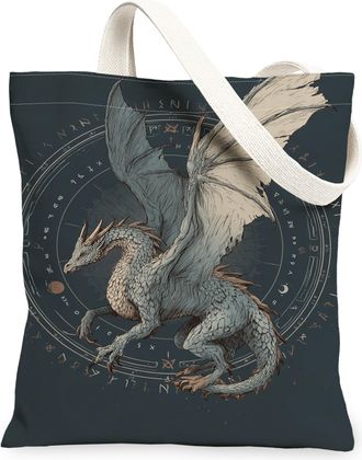 Generic Fantasy Dragon Canvas Tote Bags, Vintage Mythical Creature Pattern Reusable Grocery Bags, Lightweight Washable Shoulder Str, Dark Blue, 13x15 Inch